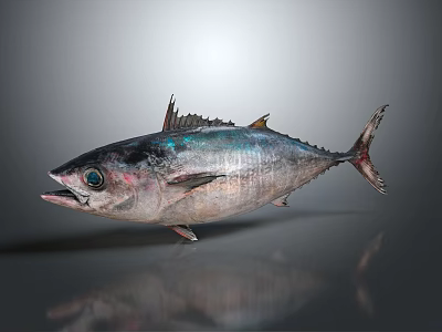 Tuna Fish Showing Shiny Silver Blue Skin Large Eyes Open Mouth on Gray Background 3d model