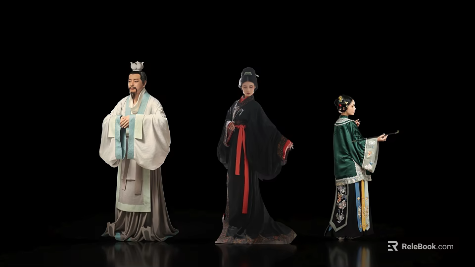 Traditional Chinese Ancient Figures In Elegant Historical Costumes And Poses 3d model 