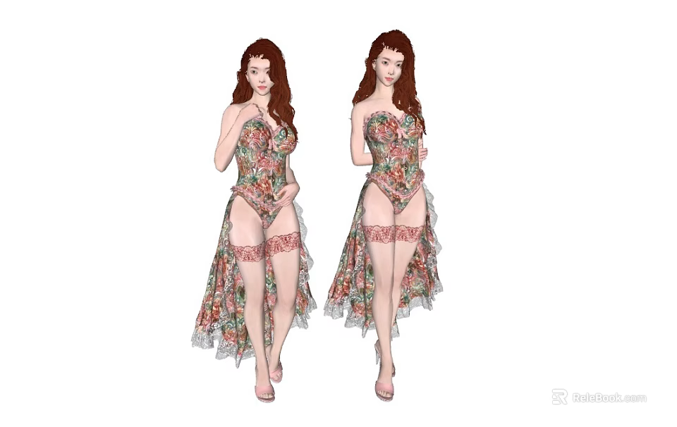 Two Women Wearing Floral Patterned Dresses With Lace Trimmed Stockings And High Heels 3d model 