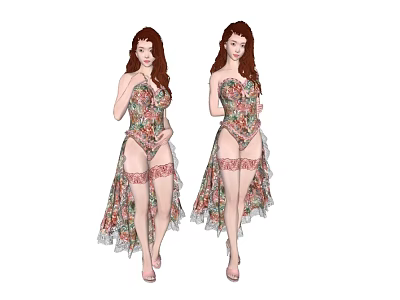 Two Women Wearing Floral Patterned Dresses With Lace Trimmed Stockings And High Heels 3d model