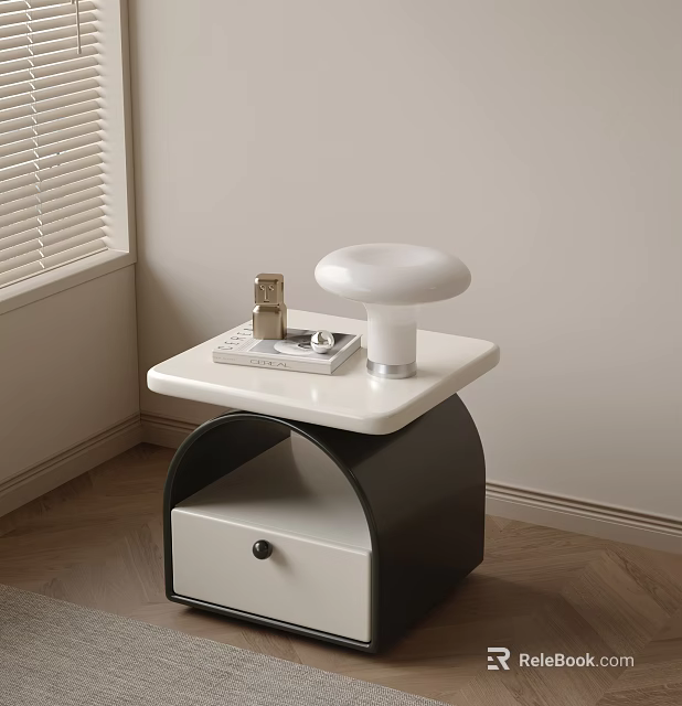Modern Minimalist Bedside Table With Black And White Design Round Lamp Decorative Items And Books 3d model 