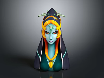 Game Movie Character With Blue Skin Orange Hair Green Headpiece Black Hood And Golden Details 3d model