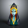 Game Movie Character With Blue Skin Orange Hair Green Headpiece Black Hood And Golden Details