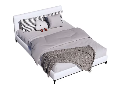 White Double Bed With Gray Comforter Striped Pillow Gray Pillow Teddy Bear And Knitted Blanket 3d model