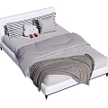 White Double Bed With Gray Comforter Striped Pillow Gray Pillow Teddy Bear And Knitted Blanket