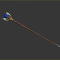 Fantasy Magic Staff With Blue Gemstone White Decorations Red Wooden Shaft And Metal Tip