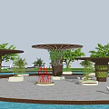 Scenic Park Landscape With Umbrella Shaped Structures Green Trees Water Surface And Seating Areas