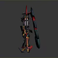 Futuristic Game Movie Character Vibrant Colored Mech Warrior With Red Spear And Mechanical Armor