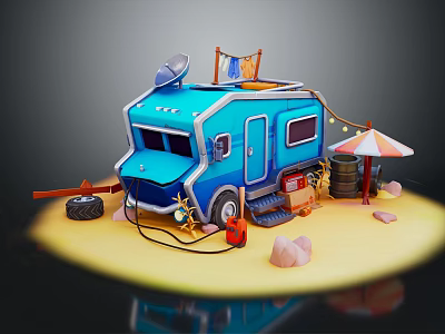 Blue Camper Van With Camping Gear Umbrella Barrel Tire And Rocks 3d model