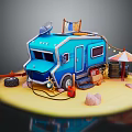 Blue Camper Van With Camping Gear Umbrella Barrel Tire And Rocks