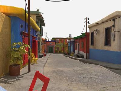 Vibrant Commercial Street With Colorful Buildings Cobblestone Path Potted Plants Red And Yellow Chairs 3d model