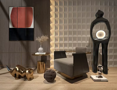 Modern Elegant Single Sofa Interior With Gold Sculptures Abstract Artwork And Geometric Wall Design 3d model