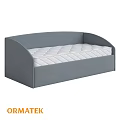 Modern Gray Upholstered Double Bed With Curved Headboard And White Mattress