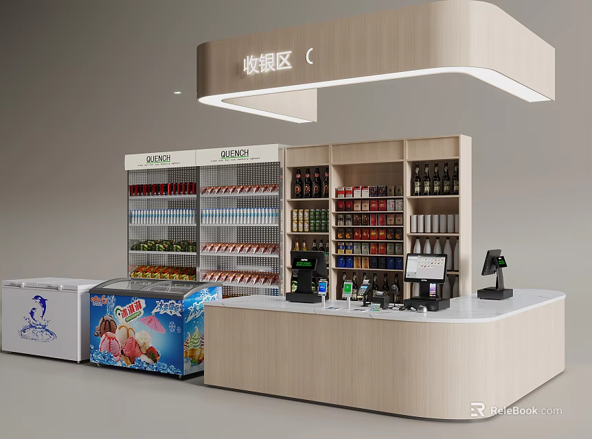 Supermarket Department Store Cashier Area With Shelves Freezers And Various Products 3d model 