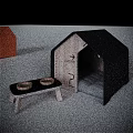 Cozy Garden Pet House With Wooden Structure Black Roof And Small Wooden Table With Bowls