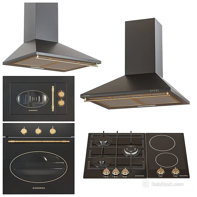 Modern Black And Gold Kitchen Appliances Including Range Hoods Microwave Oven And Gas Stove 3d model 