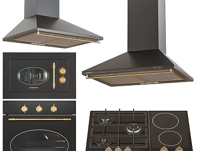 Modern Black And Gold Kitchen Appliances Including Range Hoods Microwave Oven And Gas Stove 3d model