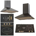 Modern Black And Gold Kitchen Appliances Including Range Hoods Microwave Oven And Gas Stove