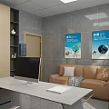 Modern School Reception Area With Wooden White Desk Computers And Wall Decorations
