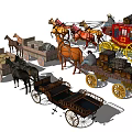 Various Horse-Drawn Carriages With Horses Cargo Covered Tops And Open Cargo Beds