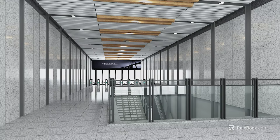 Spacious Station Corridor With Wooden White Slat Ceiling Gray Walls And Glass Railings 3d model 