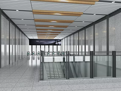 Spacious Station Corridor With Wooden White Slat Ceiling Gray Walls And Glass Railings 3d model