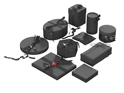 Black Gift Box Ornament Set With Various Shapes Ribbon Bows And Red Decoration 3d model