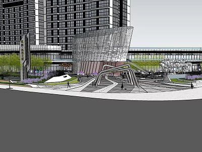 Modern Commercial Complex With High Rise Buildings Open Plaza And Landscaped Gardens 3d model