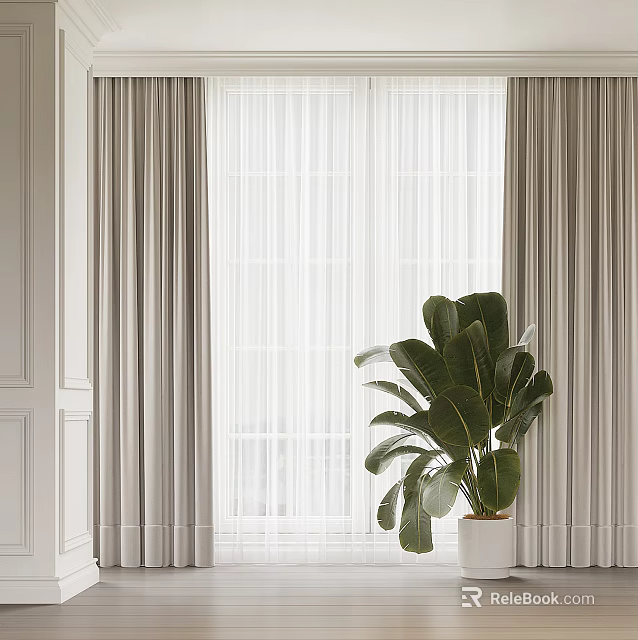 Elegant Gray Curtains With Sheer Panels By Window And Green Plant In Modern Interior 3d model 
