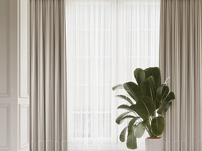 Elegant Gray Curtains With Sheer Panels By Window And Green Plant In Modern Interior 3d model