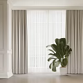 Elegant Gray Curtains With Sheer Panels By Window And Green Plant In Modern Interior