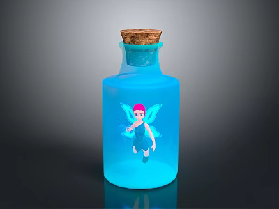 Blue Glass Bottle With Cork Stopper And Fairy Illustration Design 3d model