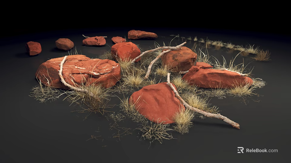Natural Arrangement of Red Rocks Dry Grass and Branches on Black Background 3d model 