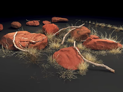 Natural Arrangement of Red Rocks Dry Grass and Branches on Black Background 3d model