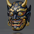 Intricate Black And Gold Traditional Mask Featuring Horns Large Eyes Fangs And Earrings