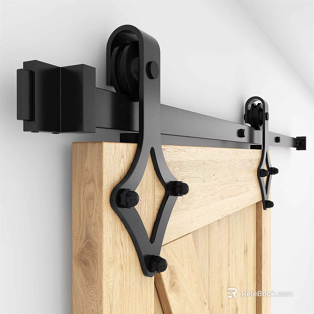 Black Sliding Barn Door Hardware With Wooden Panel And Industrial Wall Mounted Design 3d model 