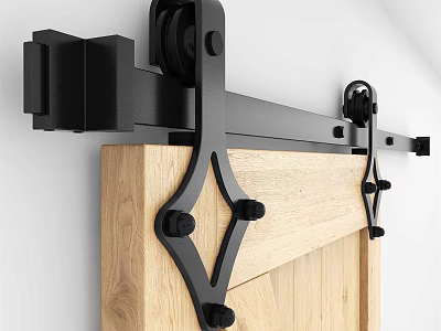 Black Sliding Barn Door Hardware With Wooden Panel And Industrial Wall Mounted Design 3d model
