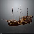 Intricate Wooden Sailboat Model with Multiple Masts and Glossy Red Brown Hull
