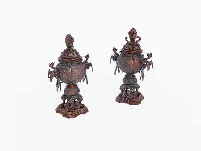 Antique Carved Brass Decorative Ornament Set With Lid Animal Decorations And Intricate Base Design 3d model