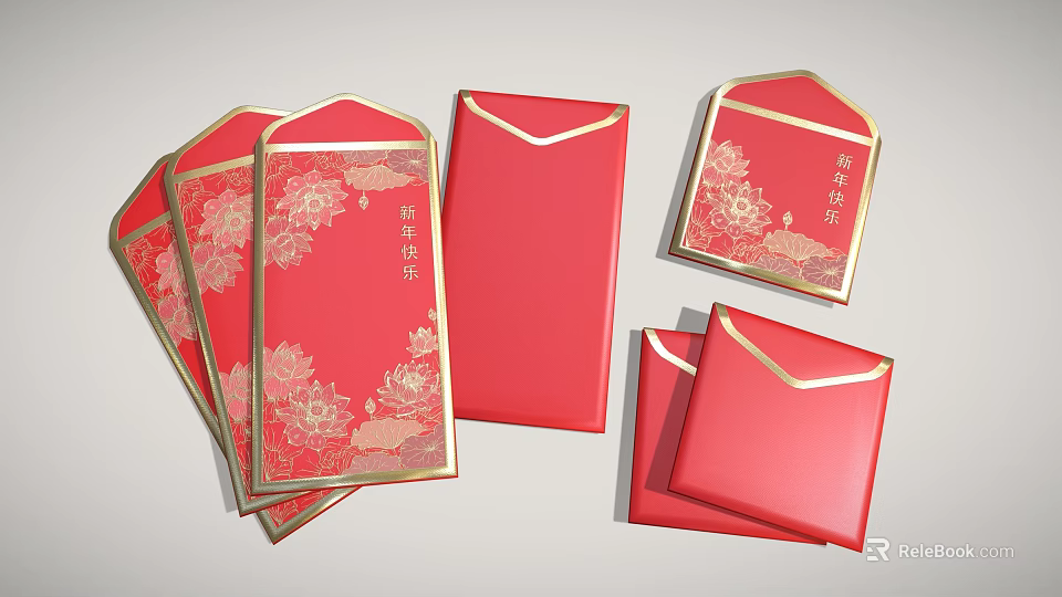 Traditional Chinese New Year Red Envelopes With Gold Floral Patterns And Festive Characters 3d model 