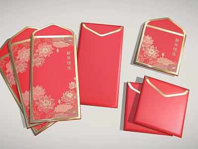 Traditional Chinese New Year Red Envelopes With Gold Floral Patterns And Festive Characters 3d model