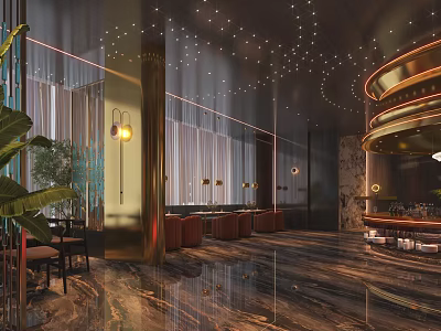 Modern Luxury Restaurant With Gold Decor Marble Floor Round Bar Green Plants And Chandeliers 3d model