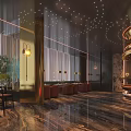 Modern Luxury Restaurant With Gold Decor Marble Floor Round Bar Green Plants And Chandeliers