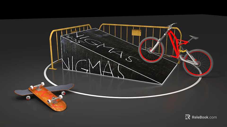 BMX Bike And Skateboard On Black Ramp With Yellow Railings And NIGMAS Lettering 3d model 
