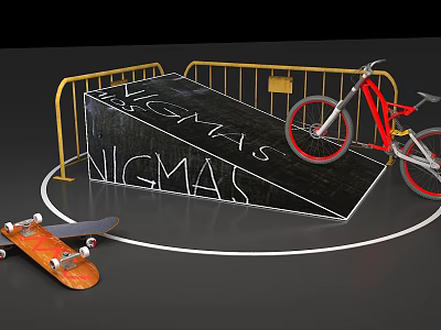 BMX Bike And Skateboard On Black Ramp With Yellow Railings And NIGMAS Lettering 3d model