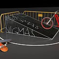 BMX Bike And Skateboard On Black Ramp With Yellow Railings And NIGMAS Lettering