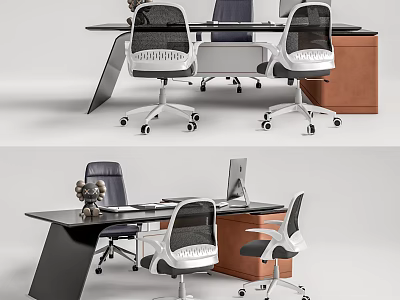 Black Office Desk With Modern Mesh Back Chairs Wooden Cabinet Laptop And Decorative Item 3d model