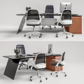 Black Office Desk With Modern Mesh Back Chairs Wooden Cabinet Laptop And Decorative Item