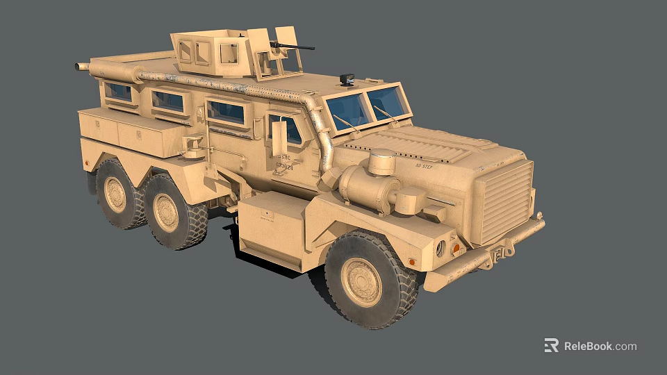 Beige Six Wheeled Military Truck With Roof Mounted Equipment And Windows 3d model 