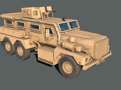 Beige Six Wheeled Military Truck With Roof Mounted Equipment And Windows 3d model